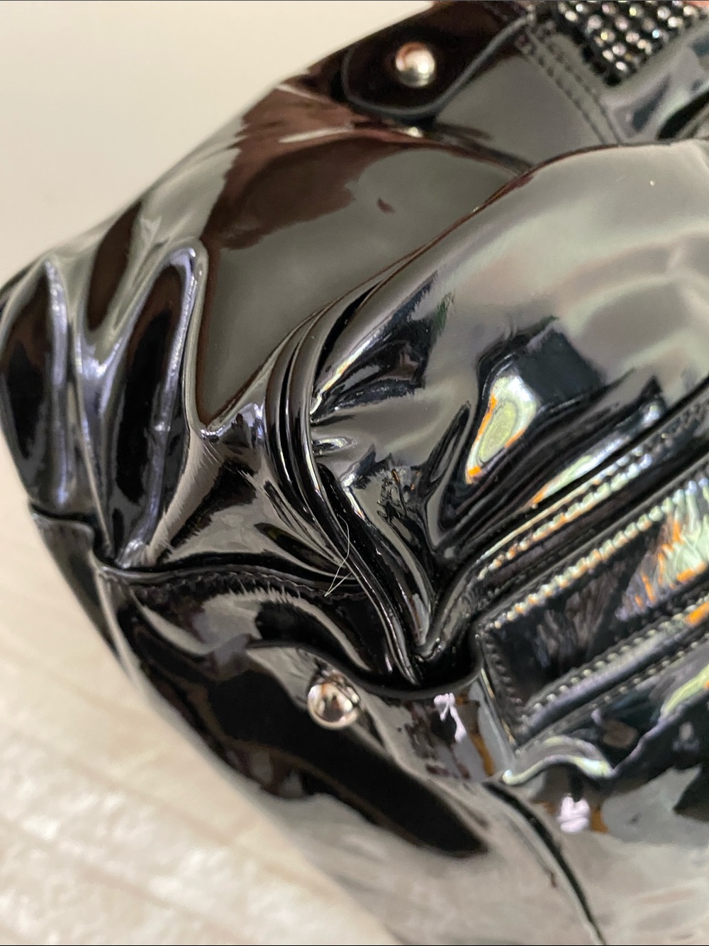 Rioni Studded Shoulder Tote in Glossy Black Patent Leather - Made in Italy - Picture 14 of 17